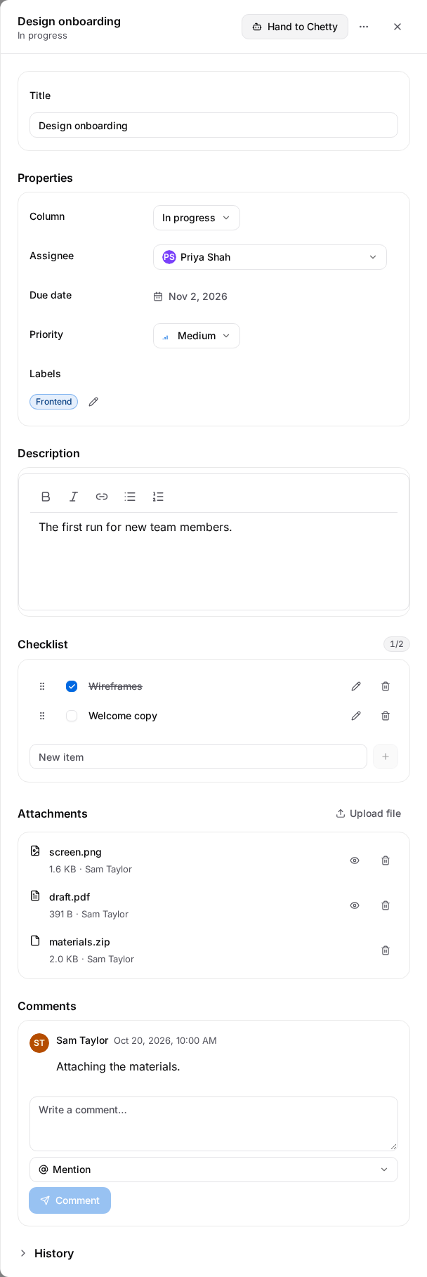 Card detail before handoff with properties, checklist, attachments and comments