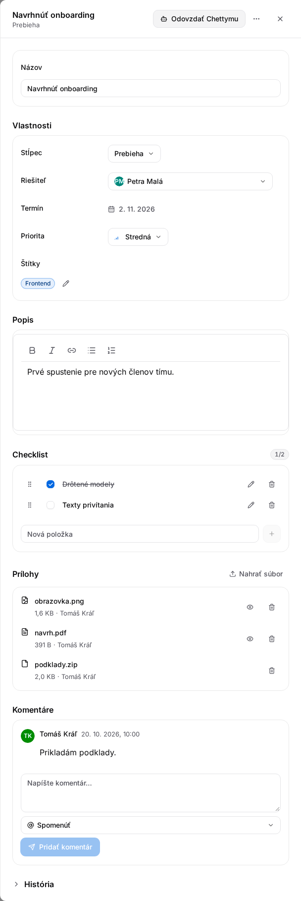 Detail karty pred odovzdaním Chettymu s vlastnosťami, checklistom, prílohami a komentármi