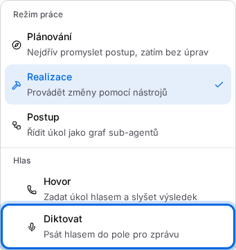 Nabídka Možnosti v poli pro zprávu se zvýrazněnou volbou Diktovat