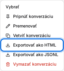 Ponuka ďalších akcií pri konverzácii so zvýraznenou voľbou Exportovať ako HTML