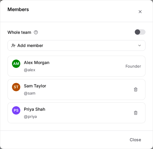 Members dialog with Whole team off, an Add member control and three board members