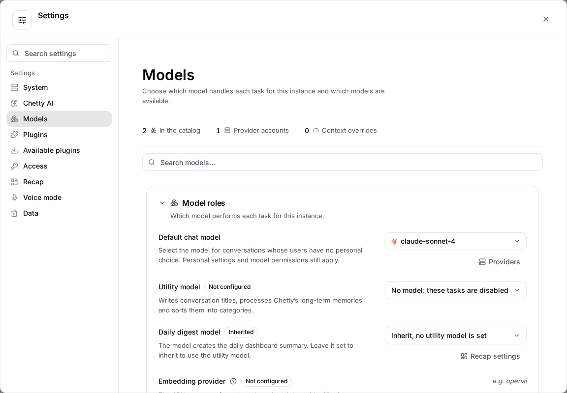 Models settings with the catalog count and model roles