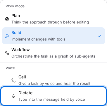 The message field's Options menu with the Dictate item highlighted