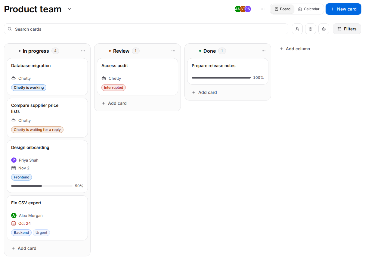 A custom three-column board with cards in In progress, Review and Done