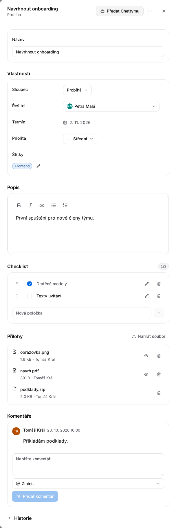 Detail karty před předáním Chettymu s vlastnostmi, checklistem, přílohami a komentáři