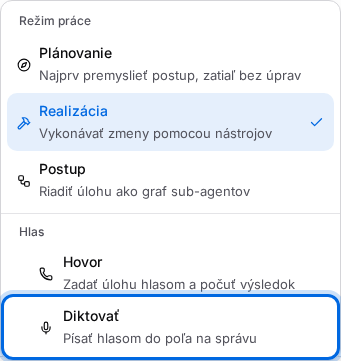 Ponuka Možnosti v poli pre správu so zvýraznenou voľbou Diktovať