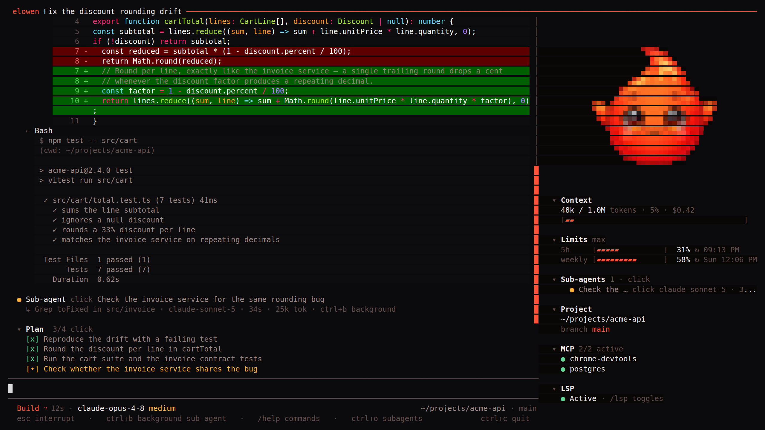 Elowen terminal chat showing a delegated sub-agent