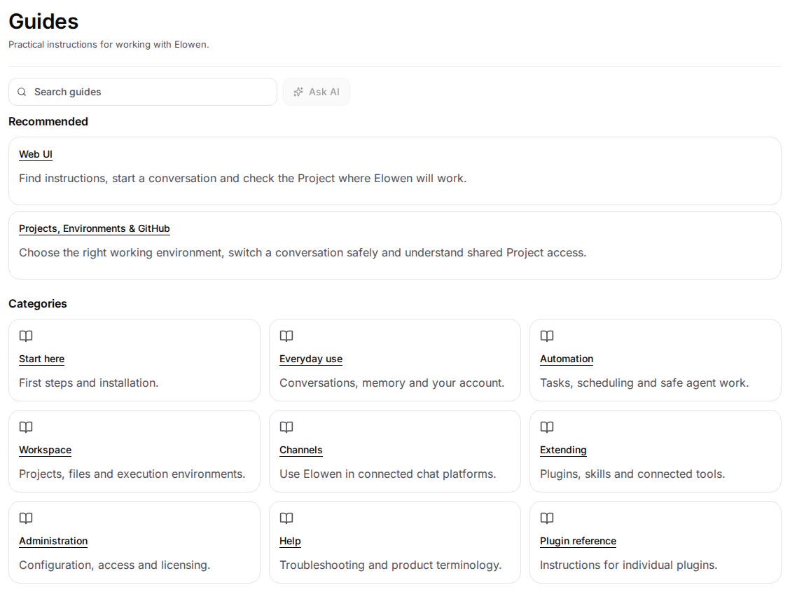 Guides home with search, recommended articles and categories
