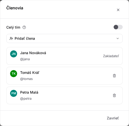Dialóg Členovia s vypnutým prepínačom Celý tím, voľbou Pridať člena a tromi členmi nástenky