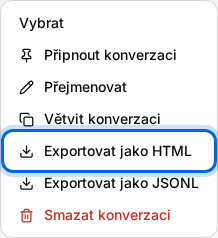 Nabídka dalších akcí u konverzace se zvýrazněnou volbou Exportovat jako HTML