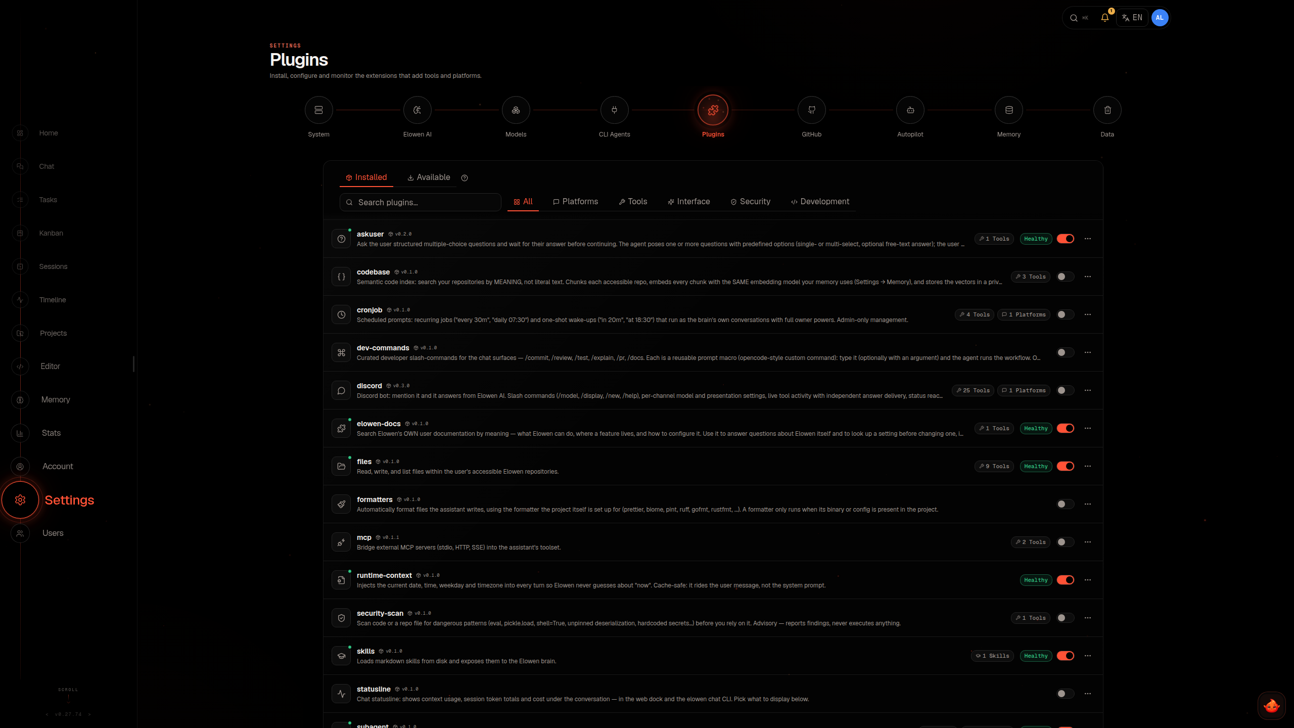 Plugins in Settings