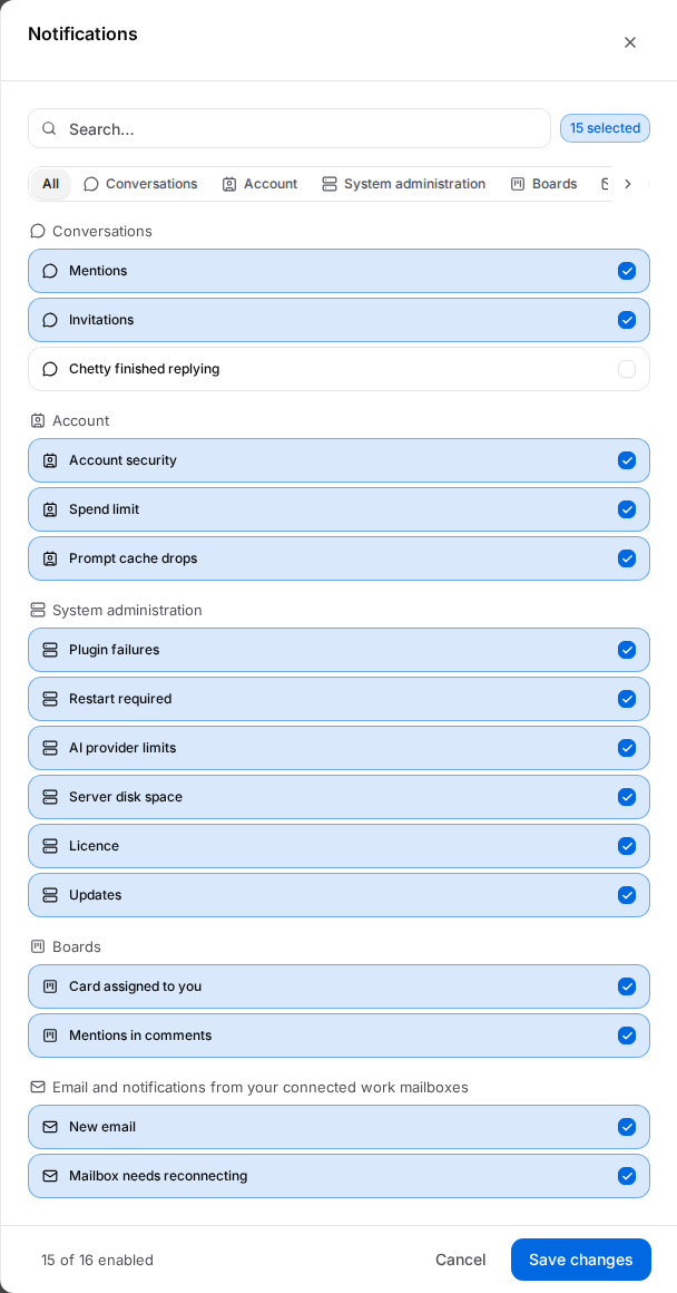 Notification kinds grouped in the selection dialog