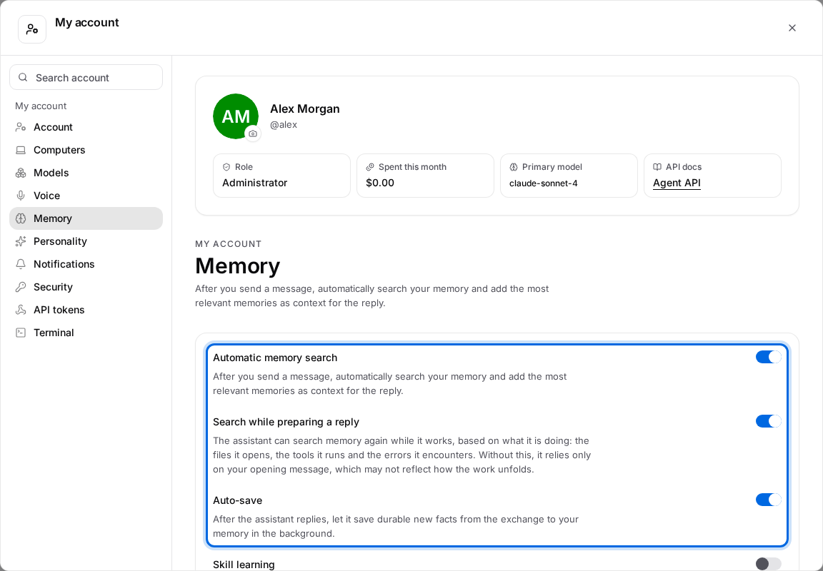 Account Memory settings with the three memory switches highlighted