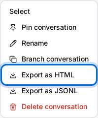 Conversation row action menu with Export as HTML highlighted