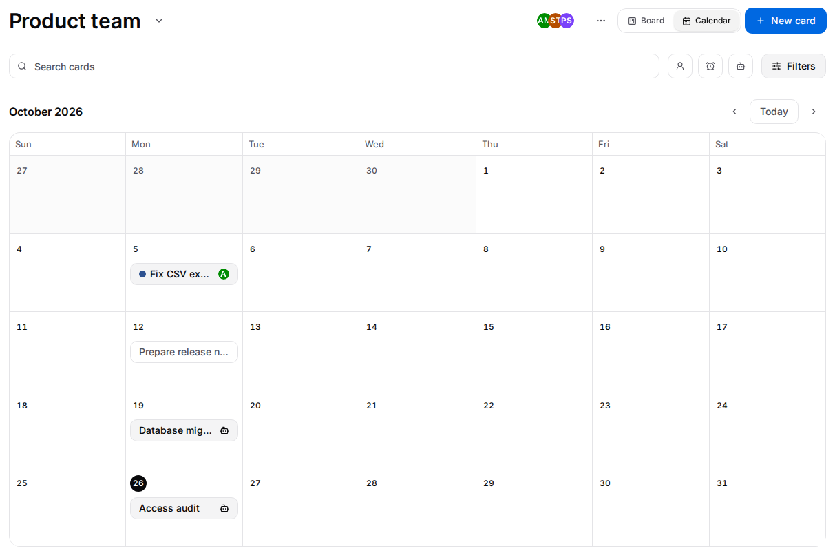 Calendar view with cards on their due dates and a Board view switch