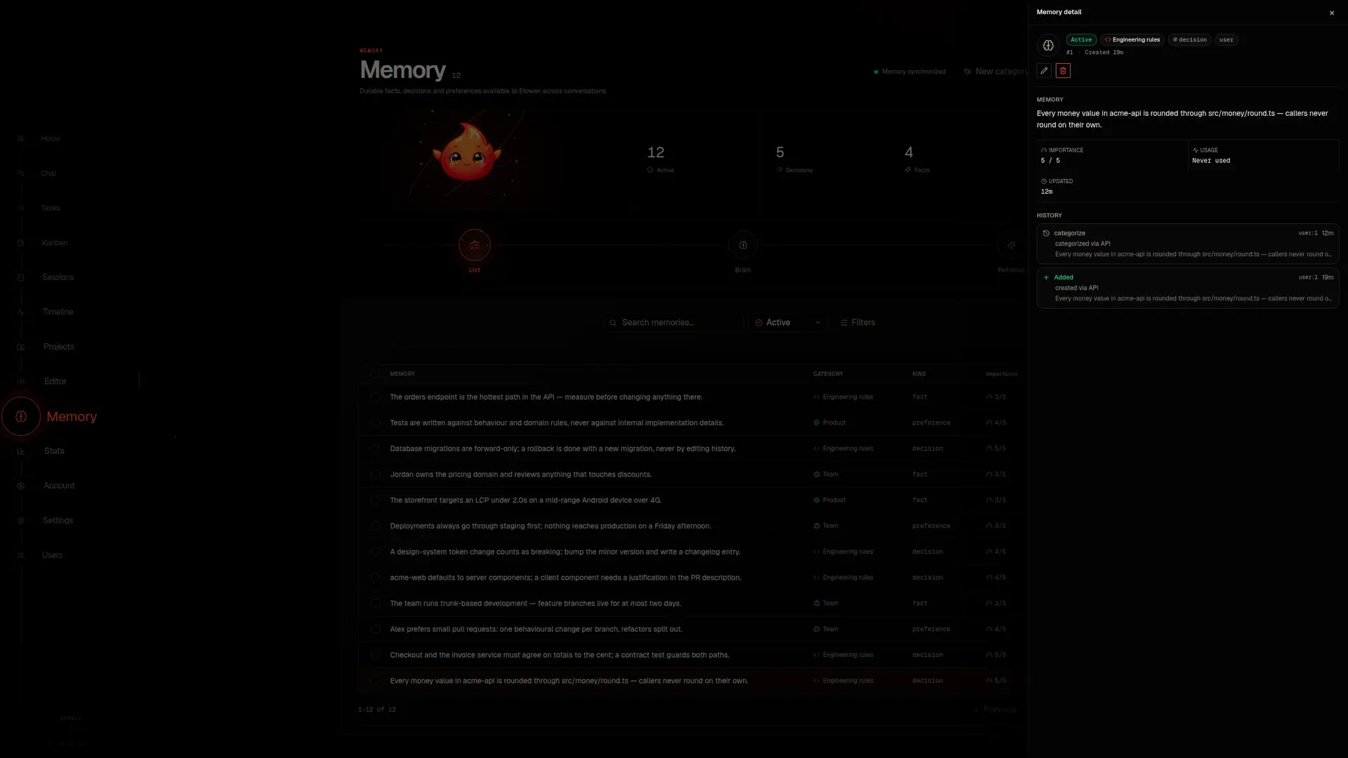 Elowen Memory workspace with facts, decisions and categories