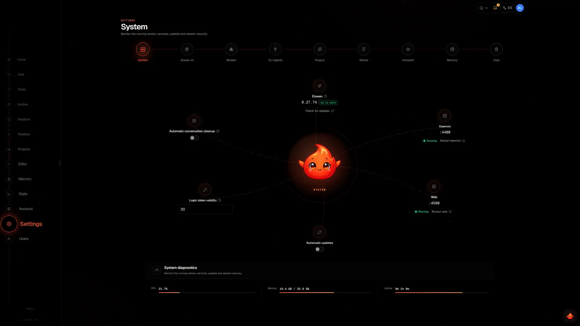 Elowen system settings and runtime diagnostics